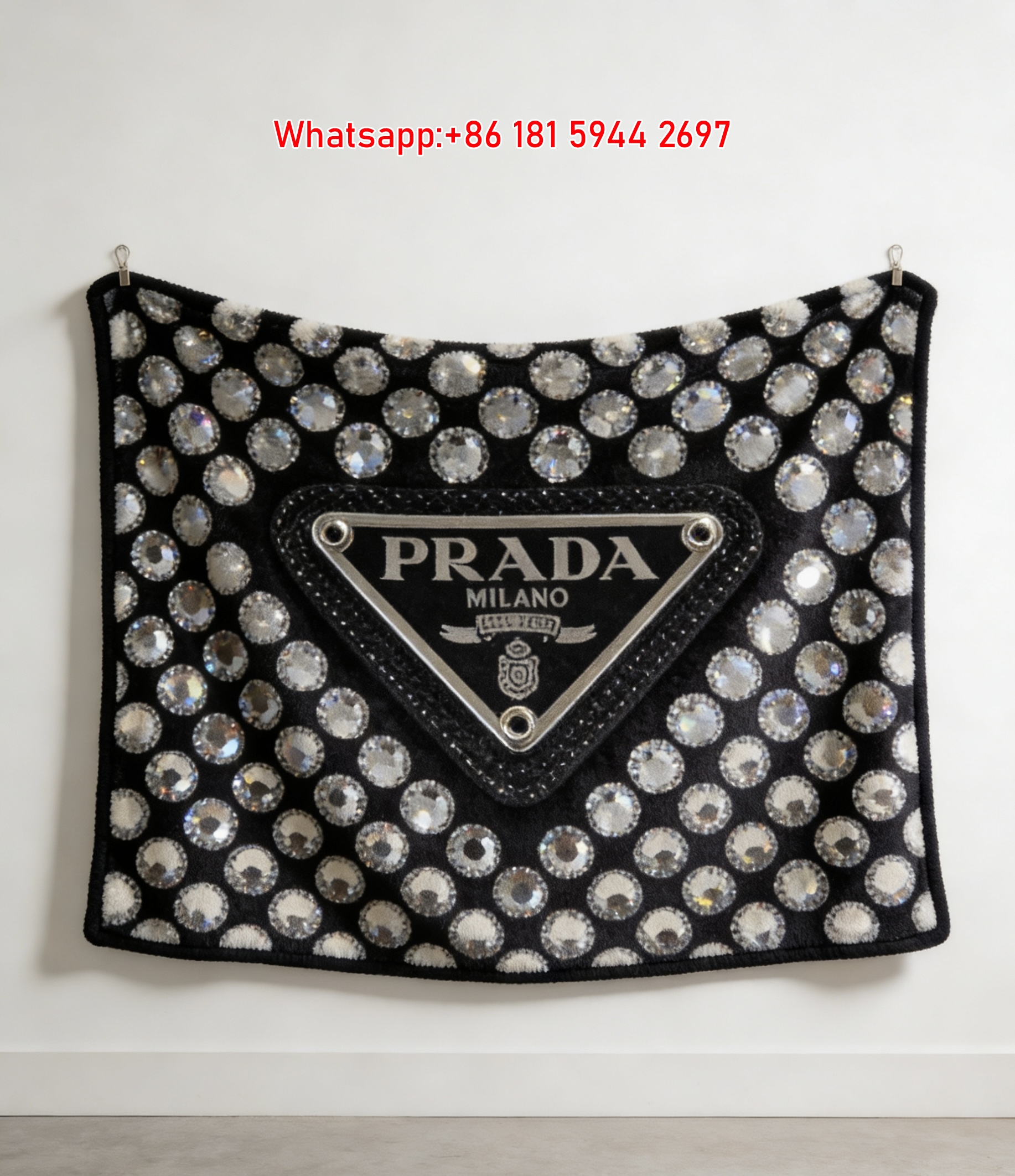Prada Black Velvet Rhinestone Embellished Triangle Logo Throw Blanket IMG_2697